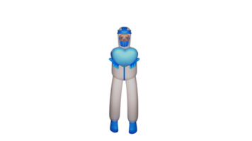 3d ilustração. romântico paramédico 3d desenho animado personagem. paramédico mostrando grande azul coração. bonito paramédico sorridente Felizmente. paramédico dá coração Felizmente. 3d desenho animado personagem png