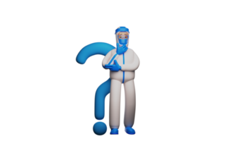 3D illustration. Male Paramedic 3D Cartoon Character. Paramedic stands with his chin propped up. Paramedic with a confused expression and big blue question mark symbol. 3d cartoon character png