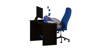 3D illustration. Sleepy Paramedic 3D Cartoon Character. The paramedic was exhausted and fell asleep at his desk. Paramedic fall asleep in front of a computer that is on. 3D cartoon character png