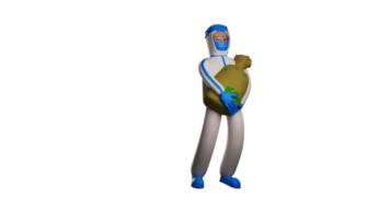 3D illustration. Lucky Paramedic 3D Cartoon Character. The paramedic lifted a sack full of money. The paramedic lifted the sack using both hands. Paramedic with tired expression. 3d cartoon character png