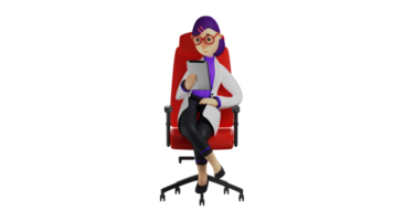 3D illustration. Beautiful Doctor 3D Cartoon Character. Female doctor studying something on her tablet. The beautiful doctor is checking the report while sitting on the red chair. 3D Cartoon Character png