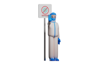 3D illustration. Diligent Paramedic 3D Cartoon Character. Paramedic standing next to quarantine warning sign. The paramedic stands and holds out his hand as a stop sign. 3d cartoon character png