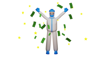 3D illustration. Successful Paramedic 3D Cartoon Character. The paramedic spread his arms and smiled happily. The paramedic is surrounded by money and stars. 3d cartoon character