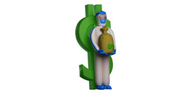 3D illustration. Sad Paramedic 3D Cartoon Character. Paramedic leans on the dollar sign and closes his eyes. Paramedics carry sacks of compensation money belonging to patients. 3d cartoon character png