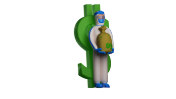 3d illustration. triste paramédical 3d dessin animé personnage. paramédical penche sur le dollar signe et se ferme le sien yeux. ambulanciers porter sacs de compensation argent qui appartiennent à les patients. 3d dessin animé personnage png