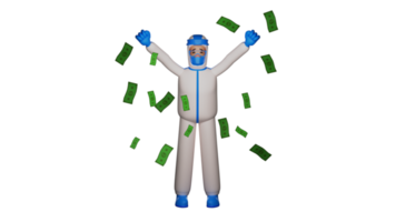 3D illustration. Rich Paramedic 3D Cartoon Character. The paramedic spread his arms and smiled happily. The paramedic is surrounded by money flying around. 3d cartoon character png