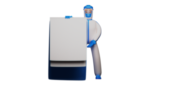 3D illustration. Nurse 3D Cartoon Character. Nurse using full hazmat. The nurse is standing next to a large note. Male Nurse explained about the case that happened. 3D cartoon character png