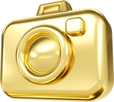 Gold photo camera 3d icon. 3d simple gold camera with lens symbol. Concept technology and snapshot photography. 3d rendering png