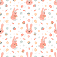 Easter festive seamless pattern with rabbits, cakes, eggs, willow png