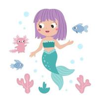 Little cute mermaid on white background. Funny fishes and axolotl. Mermaid with purple hair. Cartoon children's style. Fairy tale. Flat vector illustration.