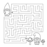 Maze game with cute gnomes. Help the gnome find right way to his friend. Tea time. Educational puzzle for children. Activity page. Coloring page with labyrinth. Vector illustration