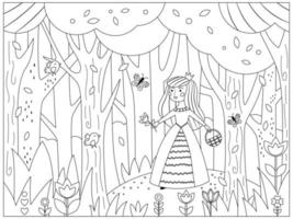 Coloring page with princess. Fairy tale cartoon character. Forest background. Cute birds and butterfly. Vector illustration for coloring book