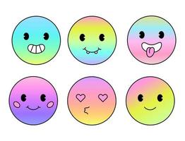 Trendy smile happy stickers with different emotions. Paste gradient colors. Retro cartoon characters. Vector illustration