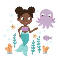 Beautiful mermaid with octopus, fish and starfish. Cute fairy tale characters. Underwater life. Cartoon children's style. Flat vector illustration