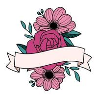 Hand drawn doodle flowers with ribbon. Place for text. Tattoo style. Vector illustration