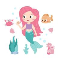 pequeño sirena con linda cangrejo y pescado en blanco antecedentes. hada cuento. dibujos animados para niños estilo. sirena con rosado cabello. plano vector ilustración.