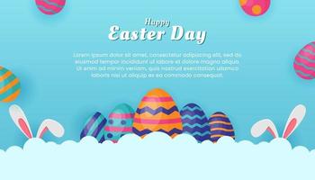 Easter Day banner template design with colorful eggs and clouds vector