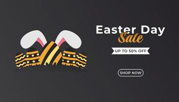 Easter Day banner sale with Eggs and Bunny Ears on Black Background vector