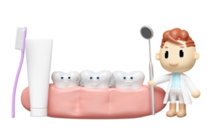 personaje de dibujos animados en miniatura dentista 3d con espejo de dentista, cepillo de dientes, encías, molar dental, chequeo de caries, examen dental del dentista, salud de dientes blancos, cuidado oral 3d renderizado png