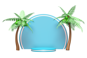 3d Blau Zylinder Bühne Podium leeren mit Kokosnuss Palme Baum isoliert. modern Bühne Anzeige, minimalistisch Attrappe, Lehrmodell, Simulation, abstrakt Vitrine Hintergrund. Konzept 3d machen Illustration png