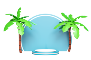 Blau Zylinder Bühne Podium leeren 3d mit Kokosnuss Palme Baum isoliert. modern Bühne Anzeige, minimalistisch Attrappe, Lehrmodell, Simulation, abstrakt Vitrine Hintergrund. Konzept 3d machen Illustration png