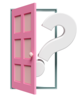 ouvert porte avec blanc question marque symbole dans foncé chambre, violet des murs, maquette modèle, porte ou souvent a demandé des questions, minimal concept, 3d illustration ou 3d rendre png