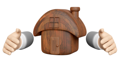 empresario manos proteger de madera casa modelo aislado. contento familia, proteccion, hipoteca préstamos concepto, 3d hacer ilustración png