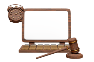 3d wooden laptop with blank computer screen, judge gavel, hammer auction, clock isolated.  template, mockup concept, 3d render illustration png