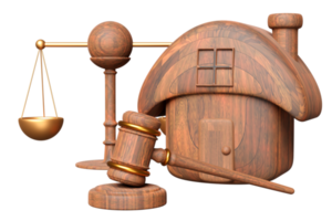 3d wooden judge gavel, hammer auction with stand, justice scales, wood house icon isolated. law, justice system symbol, auction house concept, 3d render illustration png