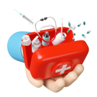 3d hand hold red first aid kit open icon isolated. 3d render illustration png