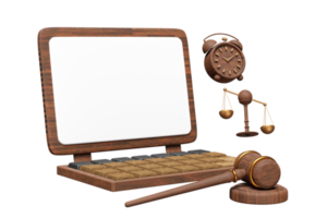 3d wooden laptop with blank computer screen, judge gavel, hammer auction, clock, justice scales isolated. template, mockup concept, 3d render illustration png