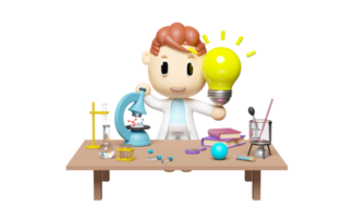 miniature cartoon boy character hand hold light bulb 3d with science experiment kit,  microscope, desk in lab isolated. idea tip education, knowledge creates ideas, elearning concept, 3d render png