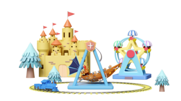 3d amusement park concept with teddy bear viking ship, railroad tracks, ferris wheel, landscape, castle, towers isolated. 3d render illustration png