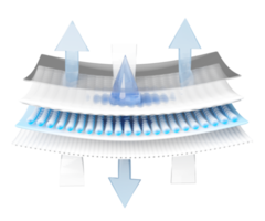 syntetisk fiber hår absorberande lager 3d med sanitär servett, ventilera visar vatten droppar för blöjor, isolerat. bebis blöja vuxen begrepp, 3d framställa illustration png