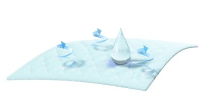 Gotas de agua 3d en almohadilla absorbente, cabello de fibra sintética con espectáculos de ventilación de flecha, concepto de enfriamiento de soporte, ilustración de presentación 3d png