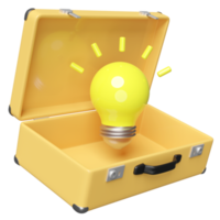 3d yellow open suitcase with light bulb isolated. summer travel, idea tip concept, minimal abstract, 3d render illustration png