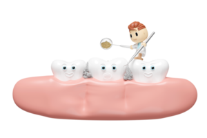 3d personaje de dibujos animados en miniatura dentista con espejo de dentista, cepillo de dientes, encías, molar dental, chequeo de caries, examen dental del dentista, salud de los dientes blancos, cuidado oral 3d renderizado png