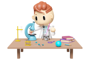 3d miniature cartoon boy character hand hold test tube with science experiment kit, microscope, desk in lab isolated. room innovative education concept, 3d render illustration png