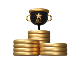 dourado campeão copo ou troféus com ouro dólar moedas pilhas isolado. financeiro sucesso conceito, 3d render ilustração png