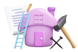 3d house toy with clipboard, pencil, checklist, hammer, nail, ladder or stairs isolated. repair maintenance concept, 3d render illustration png