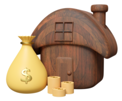 geld geel Tassen dollars met houten huis, goud munten stapel, besparing geld concept, 3d illustratie of 3d geven png