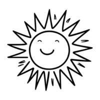 Hand drawn happy smile sun isolated on white background. Vector illustration, doodle style.