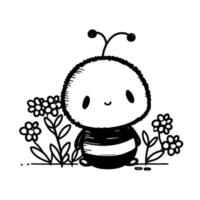 Hand drawn cute bee in a meadow with flowers vector