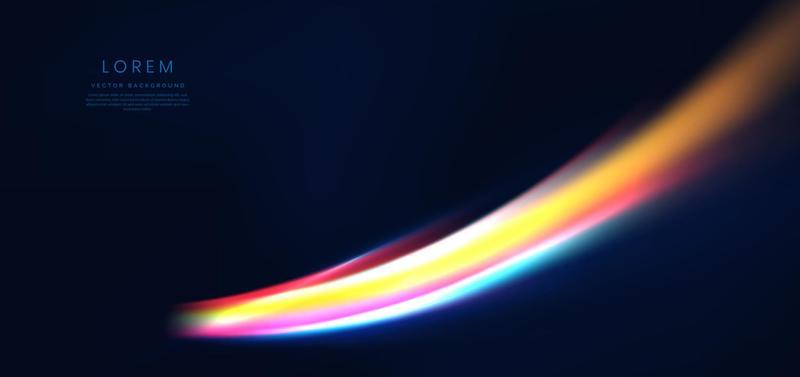 Abstract futuristic neon light curved red, blue, yellow and pink on dark blue background.