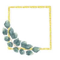 runda fyrkant eukalyptus vattenfärg grön blad med guld glitter krans design, Semester bokeh png