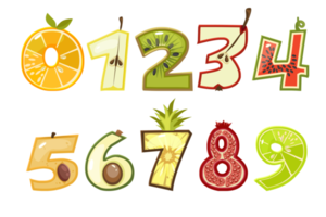 Fruit numbers. Set of numbers or stickers. png