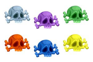 Colored human skulls and crossbones. Roger symbols. Pirate scull icons. png