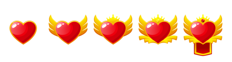 Set of Game Rank badges. Level up icons with Heart, ranking awards png