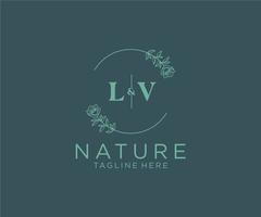 initial LV letters Botanical feminine logo template floral, editable premade monoline logo suitable, Luxury feminine wedding branding, corporate. vector