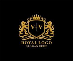 Initial VV Letter Lion Royal Luxury Logo template in vector art for Restaurant, Royalty, Boutique, Cafe, Hotel, Heraldic, Jewelry, Fashion and other vector illustration.